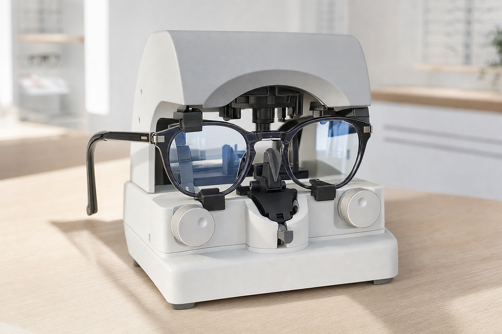 A pair of eyeglasses is mounted on a lensometer, used for measuring lens prescriptions, in a bright room.