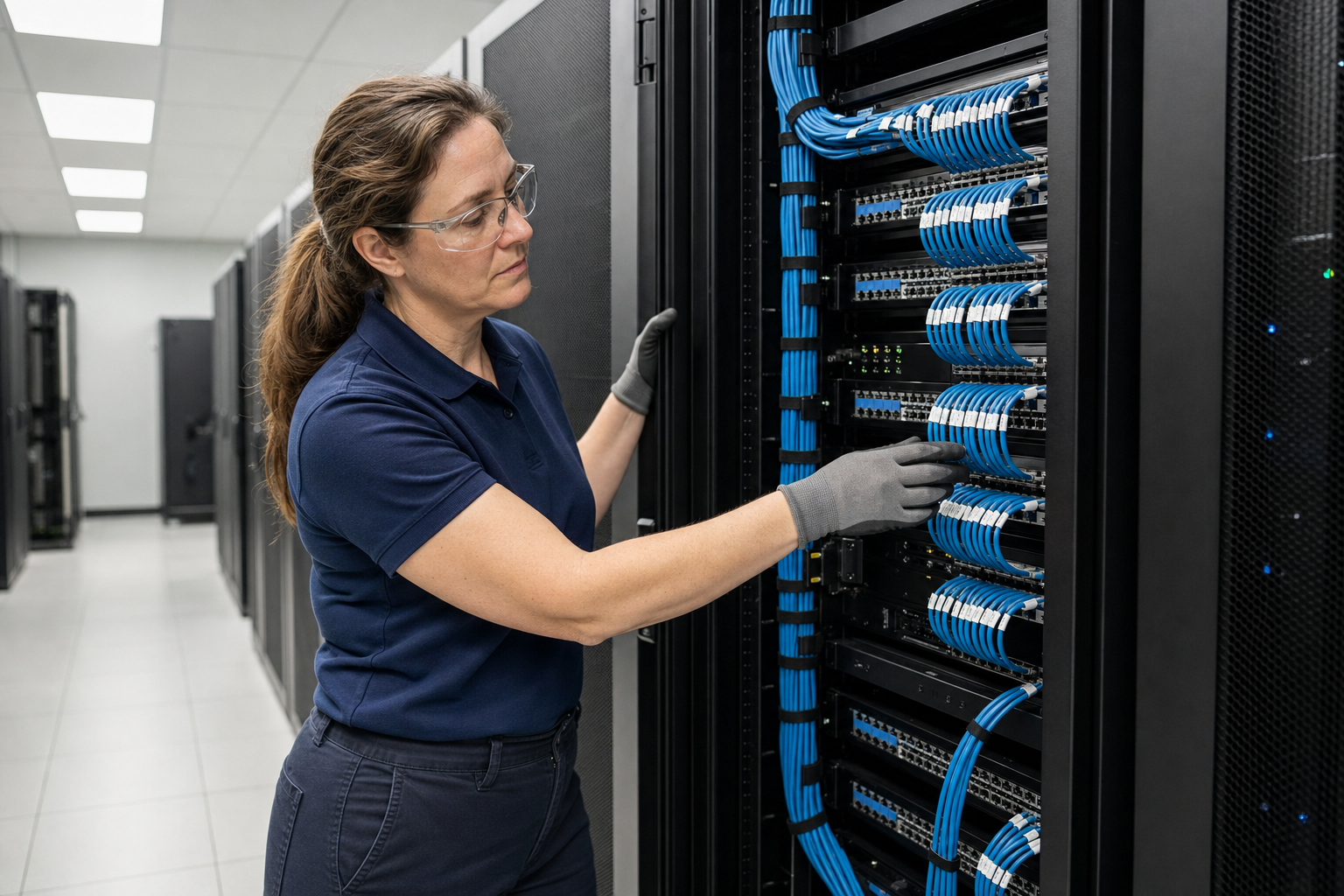 An engineer inspects blue network cables in a data centre server rack.