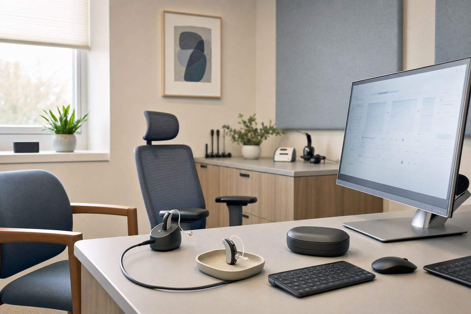 Modern audiologist's office with a hearing aid and accessories on a desk next to a computer and ergonomic chair.