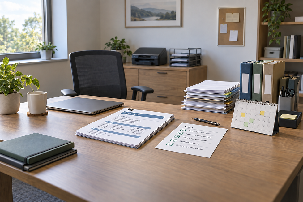 Organised office desk with papers, binders, a laptop, a calendar, and a potted plant by the window.