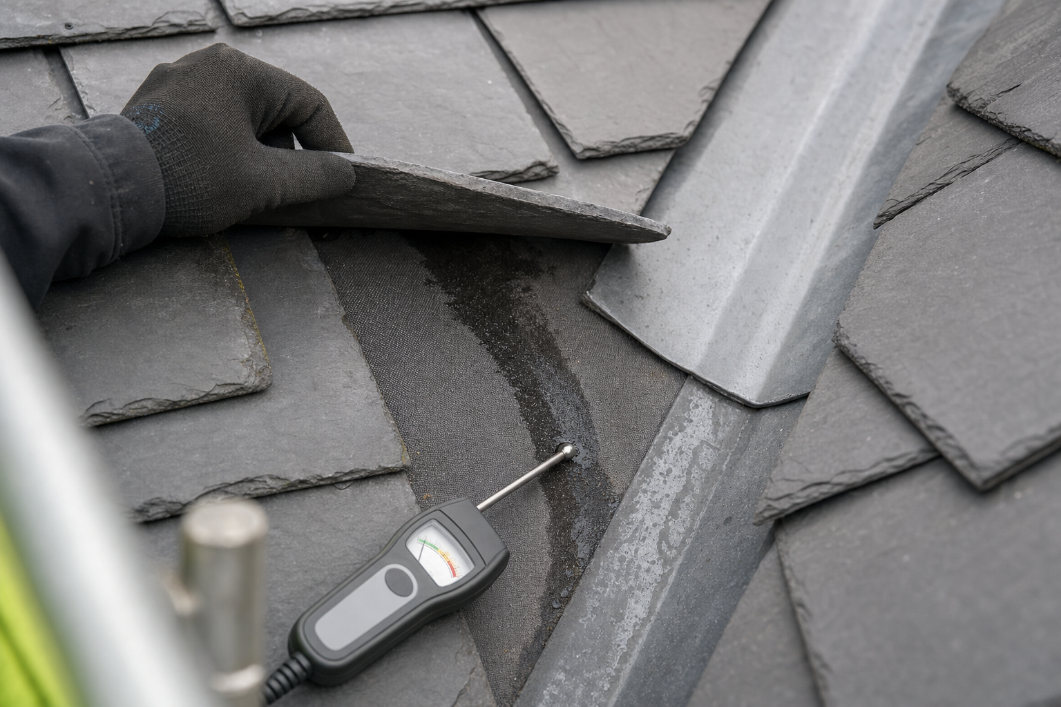 A hand lifts a slate roof tile, revealing moisture underneath, with a moisture meter placed nearby.