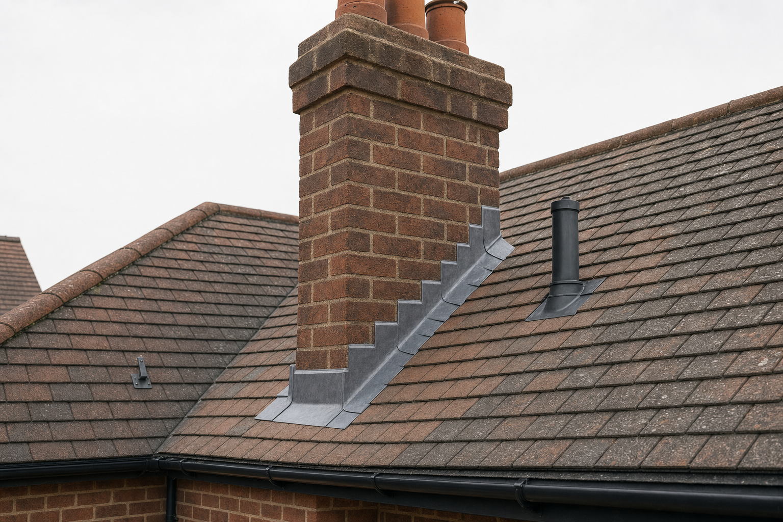 Brick chimney with metal flashing on a tiled roof under an overcast sky.