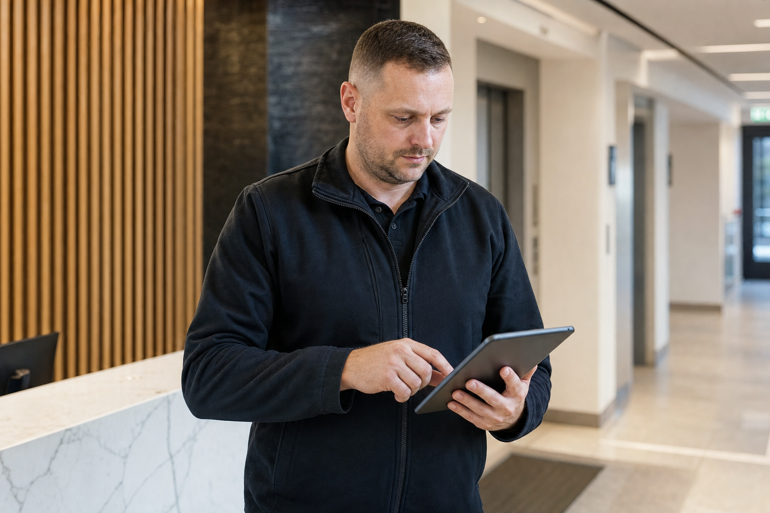 Man in a black jacket uses a tablet in a modern office hallway with wooden panelling and marble surfaces.