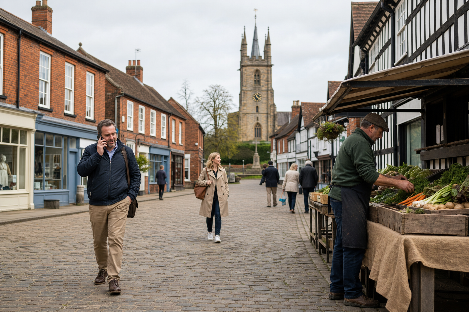 People walk down a cobbled street lined with shops as a vendor arranges vegetables at a market stall.