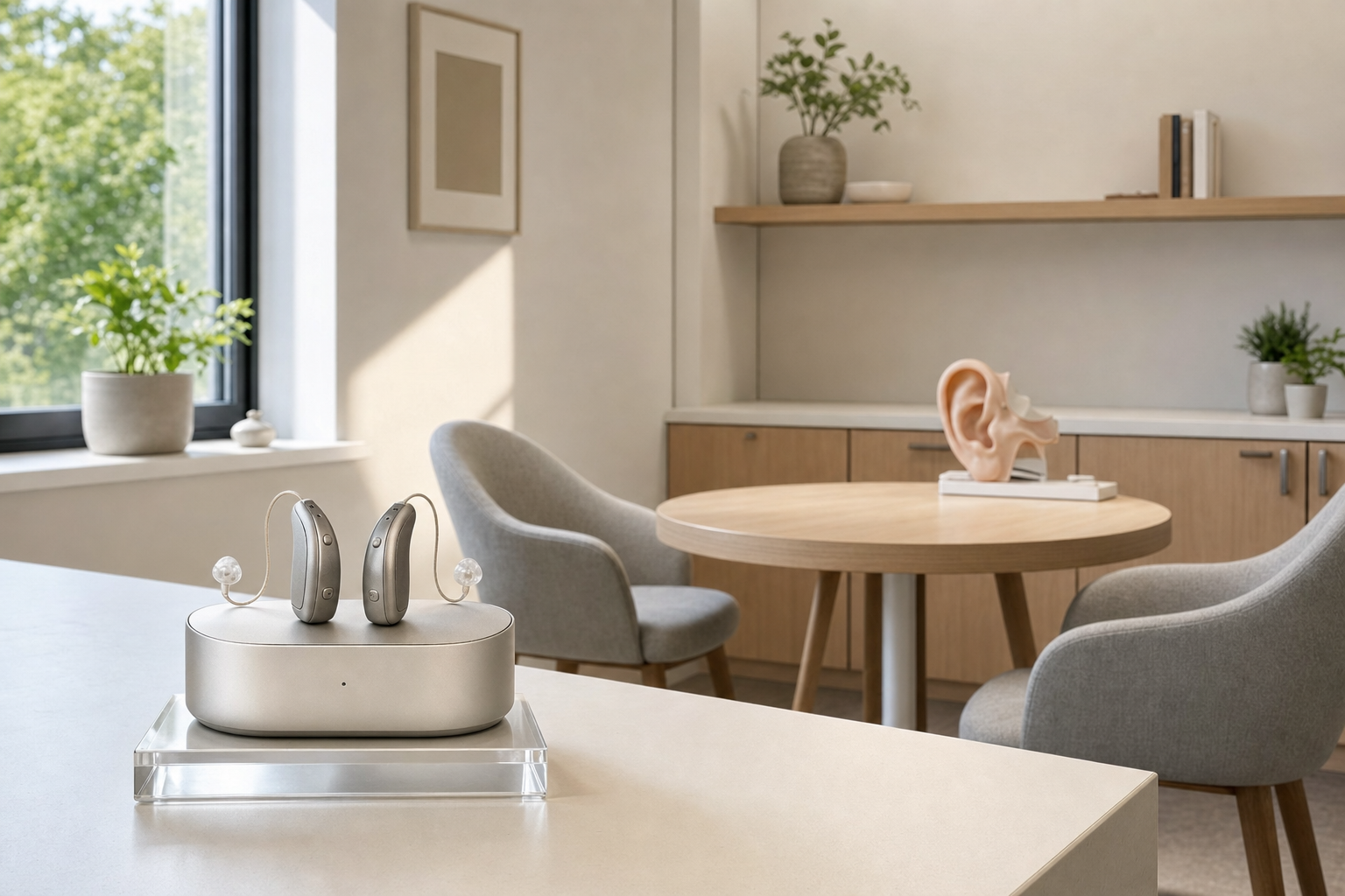 Modern hearing aids on a charger in a stylish, light-filled audiologist's office with a model ear on a round table.