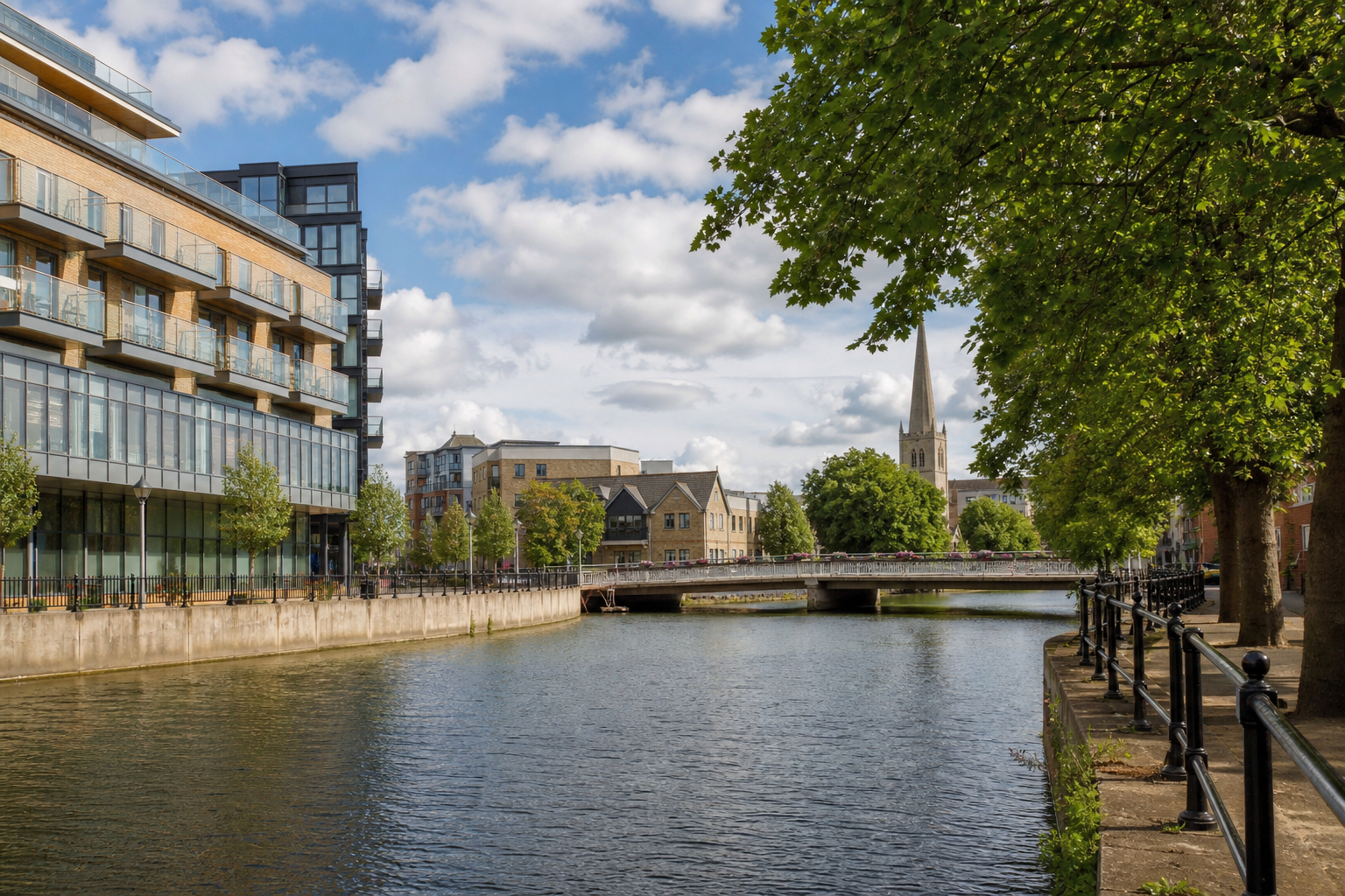 Riverside view with modern buildings, a church spire, and trees under a partly cloudy sky.