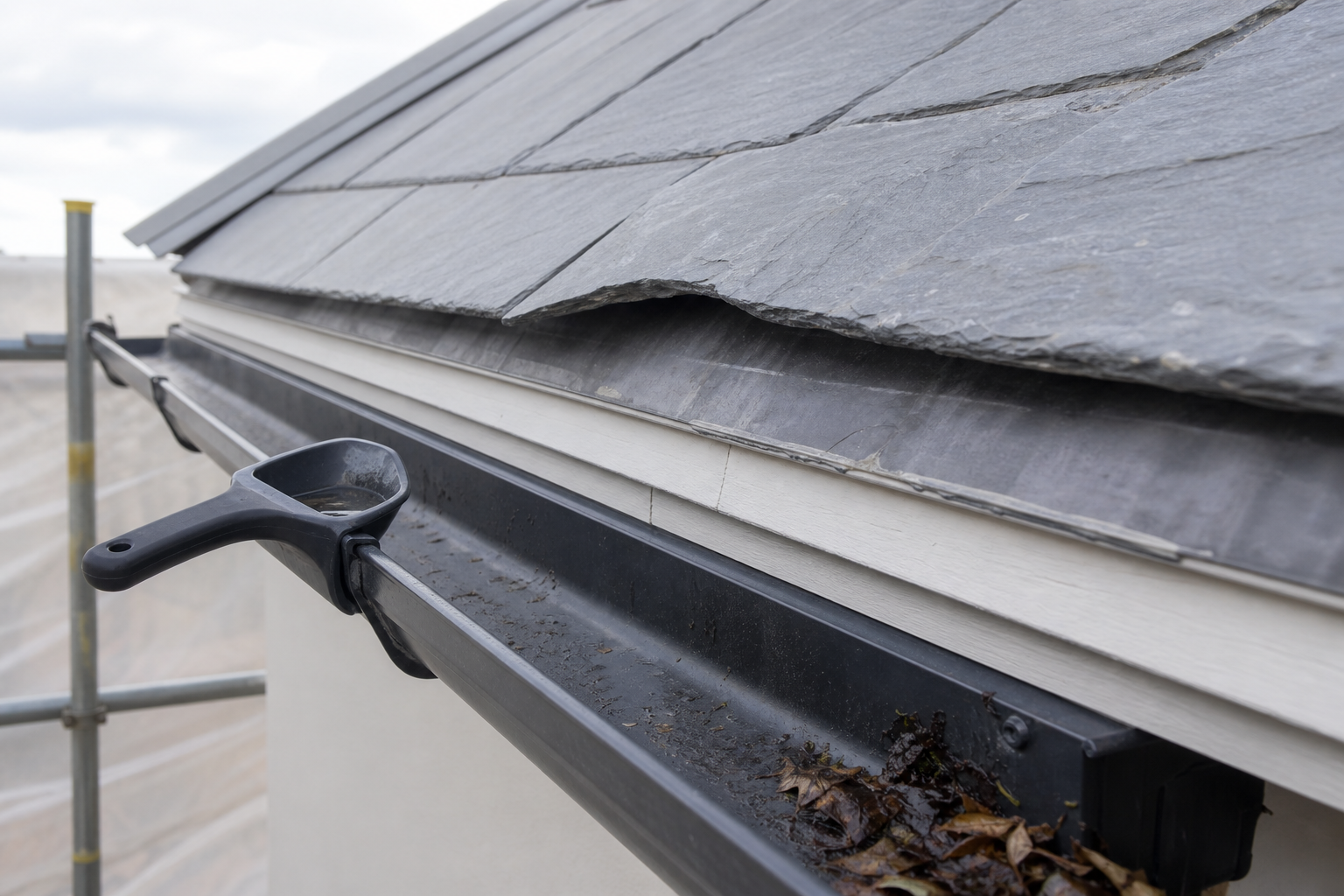 A plastic scoop rests on a roof gutter filled with leaves and debris under a slate-tiled roof.