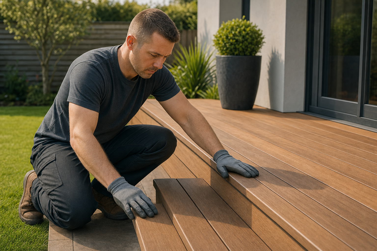 A man wearing gloves carefully inspecting wooden steps on an outdoor deck in a garden setting.