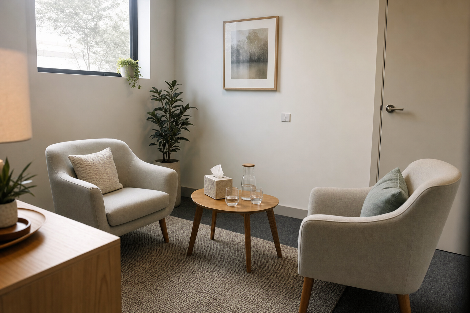 Two comfortable armchairs face each other in a softly lit room with plants and a small round table.