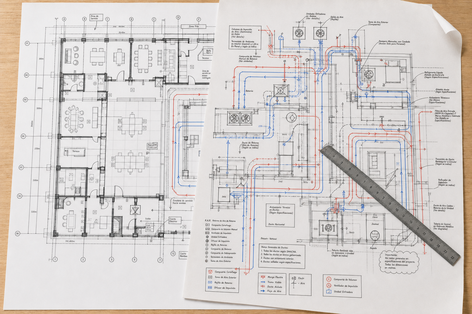 Architectural and HVAC plans with a metal ruler placed on a wooden table.