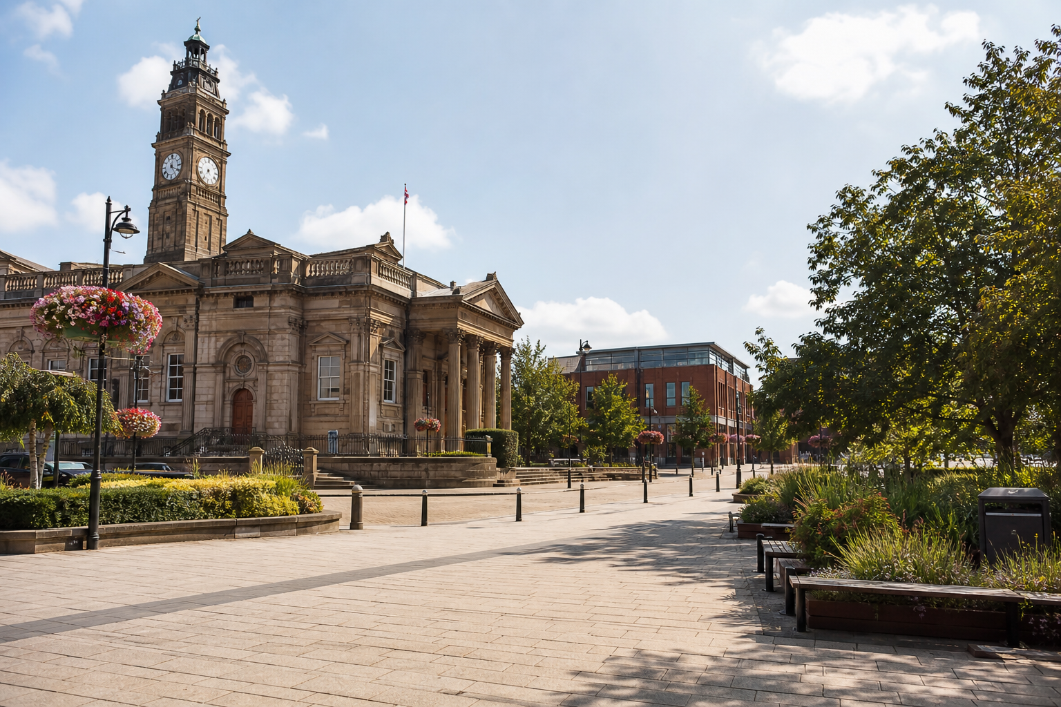 Historic building with a clock tower and a modern structure in a sunny, landscaped plaza.