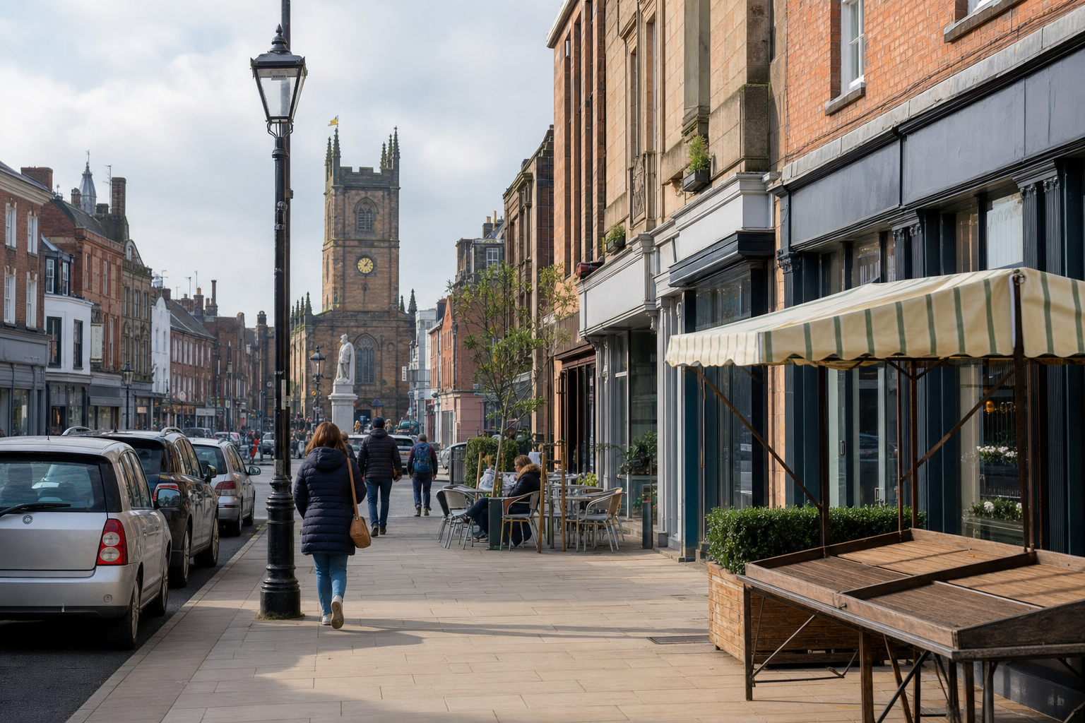 A bustling street scene with a historic church tower in the background and people walking and dining along the pavement.