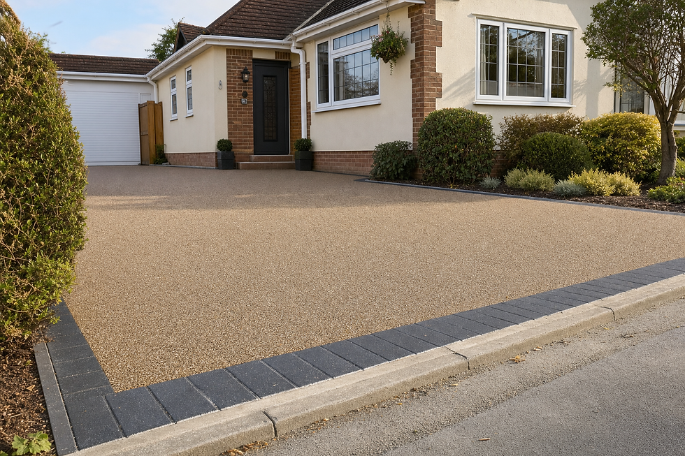 A tidy house with a cream-coloured resin driveway, bordered by greenery and a neatly trimmed hedge.