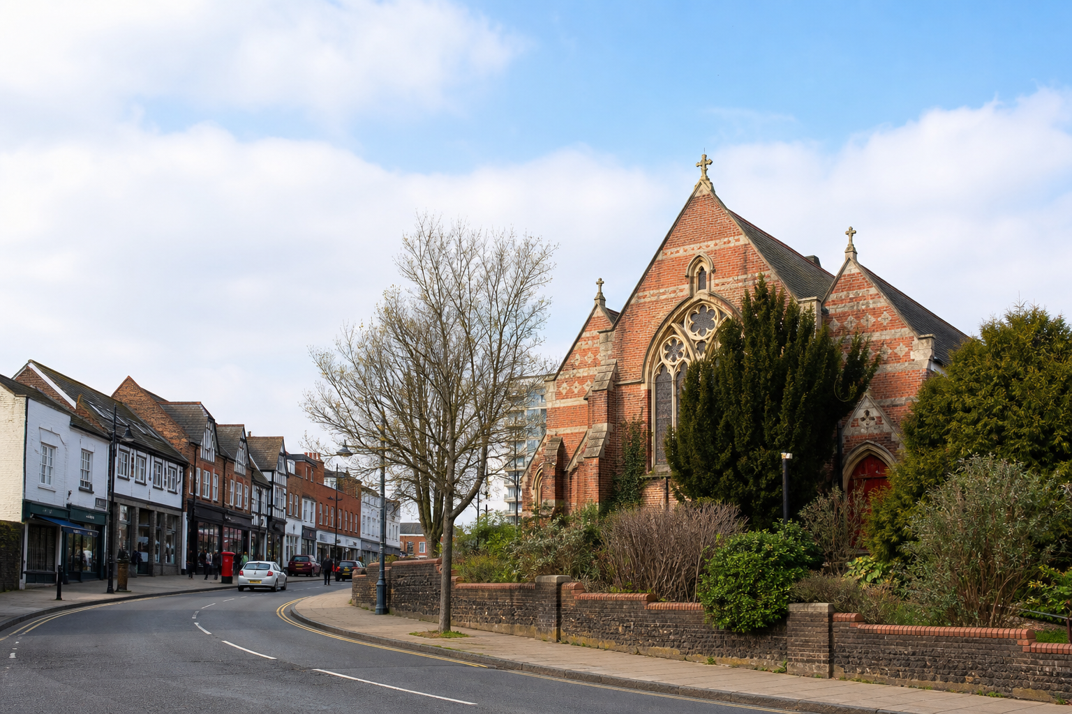 A street view showcasing a historic brick church with a row of shops lining the road.