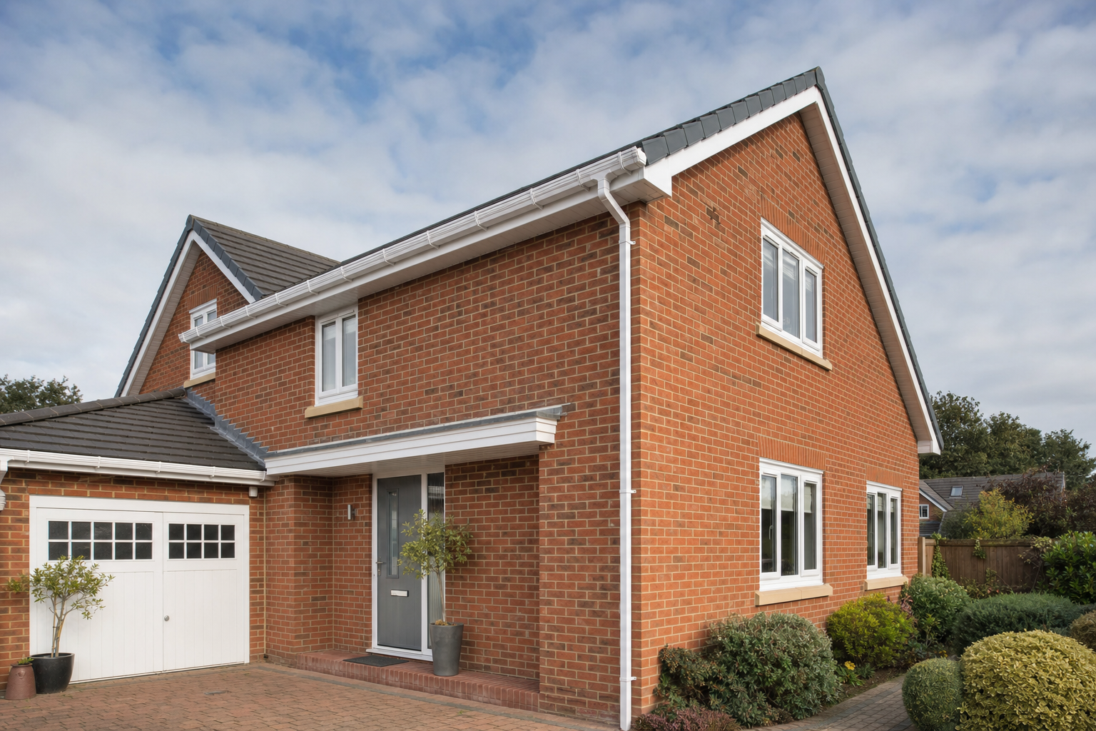 Modern red brick detached house with a grey door, white garage, and neatly trimmed front garden under a cloudy sky.