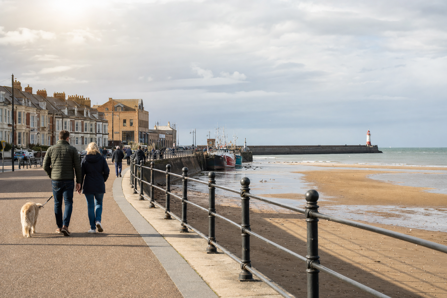 A couple walks their dog along a seaside promenade with boats docked and a distant lighthouse.