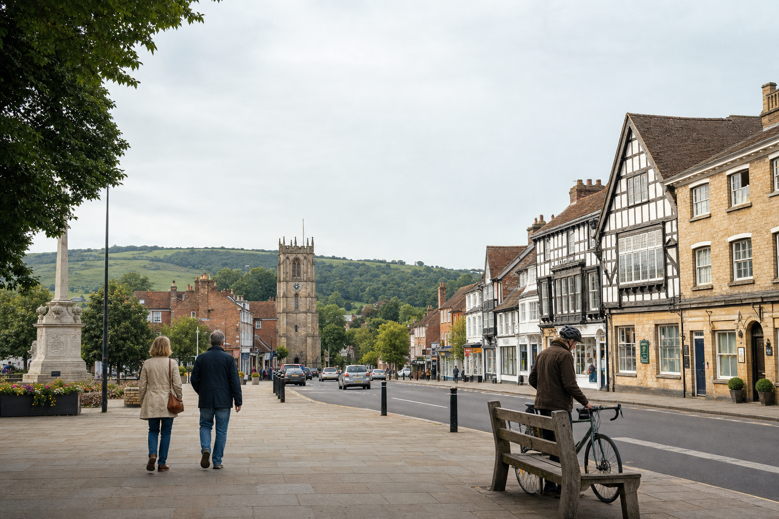 A couple walks along a quaint street lined with historic buildings, a church tower visible in the distance.