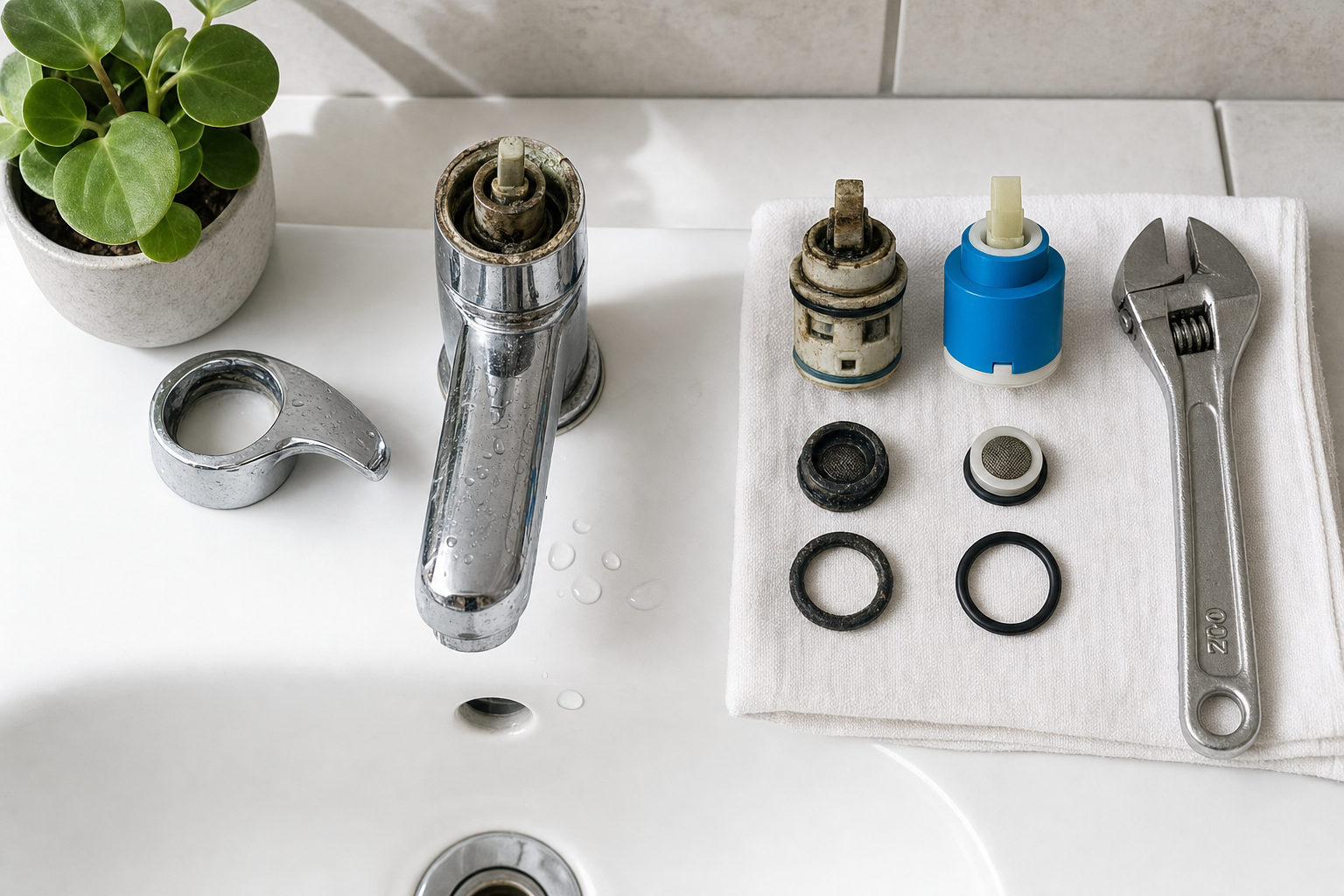 Disassembled bathroom tap components and a wrench arranged on a sink, with a potted plant beside.