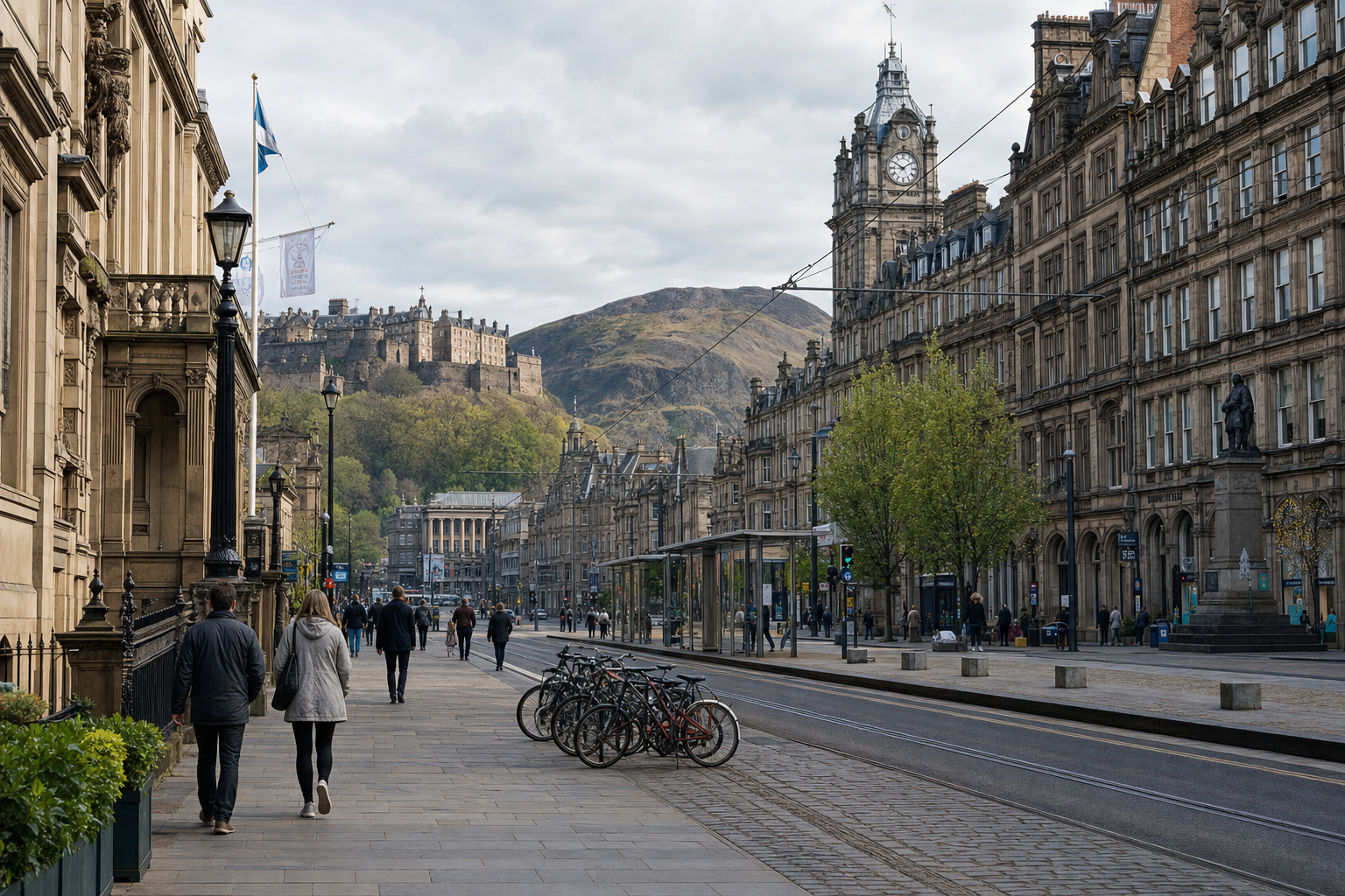 Busy street in Edinburgh with people walking, historic buildings, and the castle on a hill in the background.