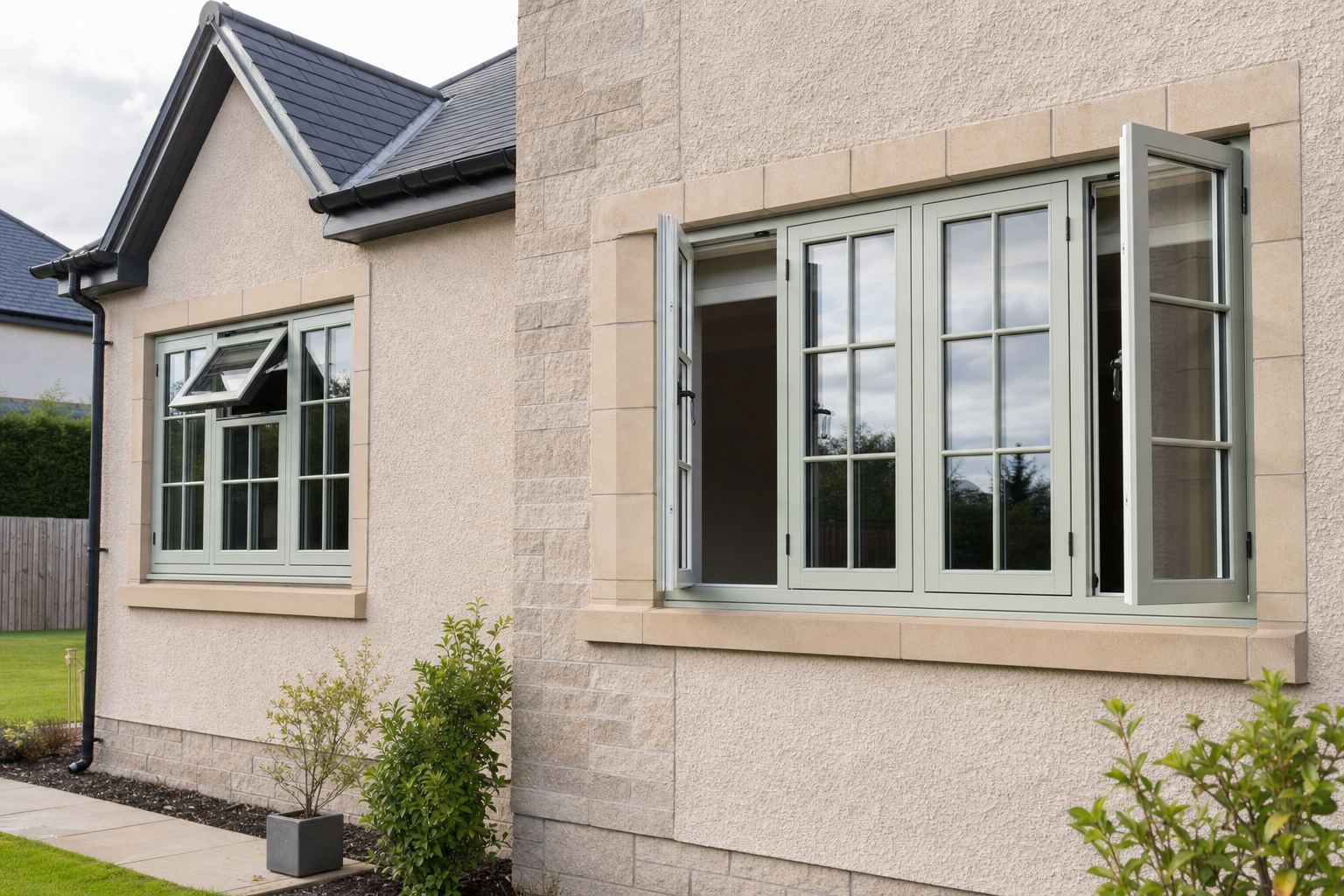 A modern house exterior with open pale green framed windows and a neatly landscaped garden area.