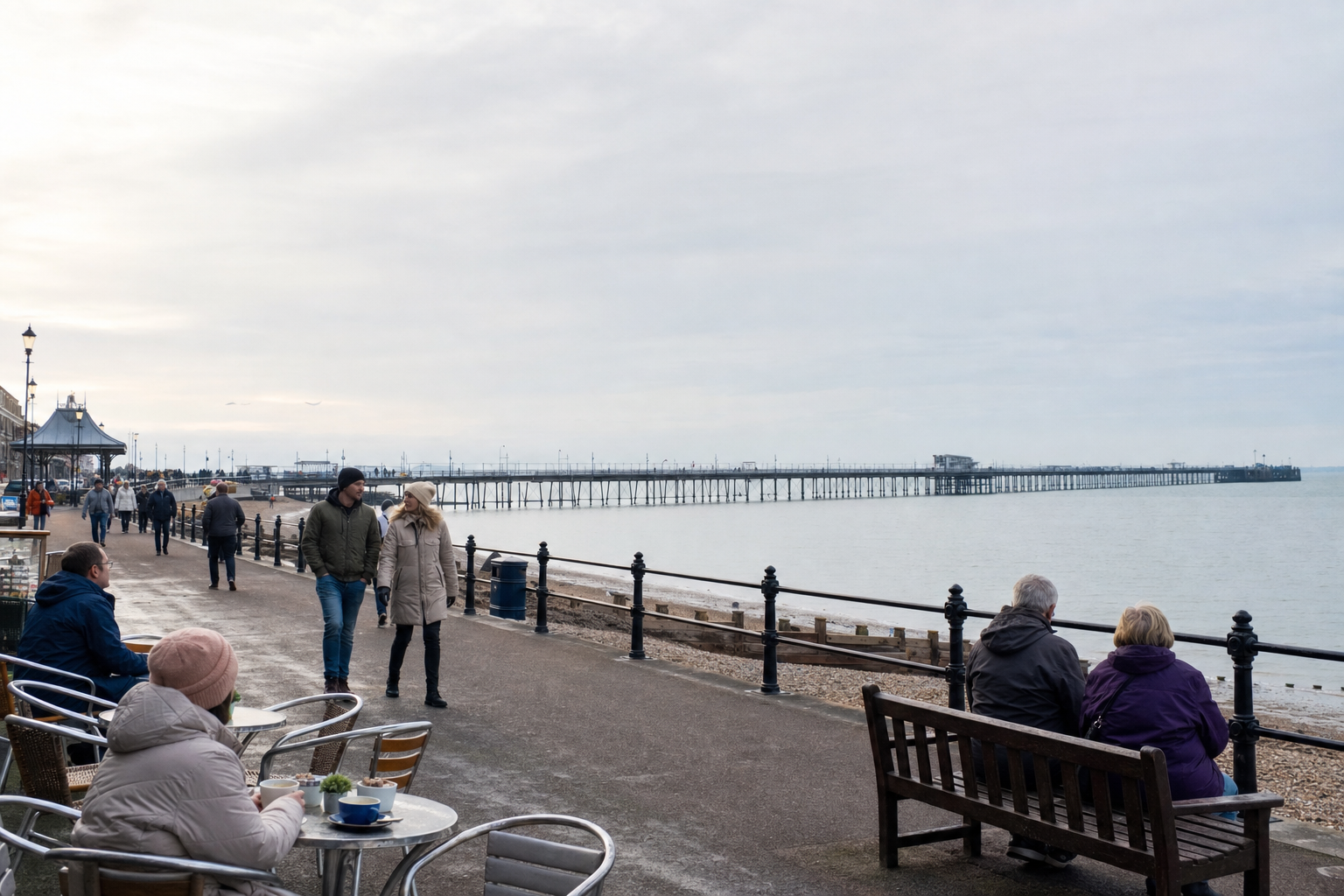 People walking and sitting by the seafront with a long pier stretching into the distance under a cloudy sky.