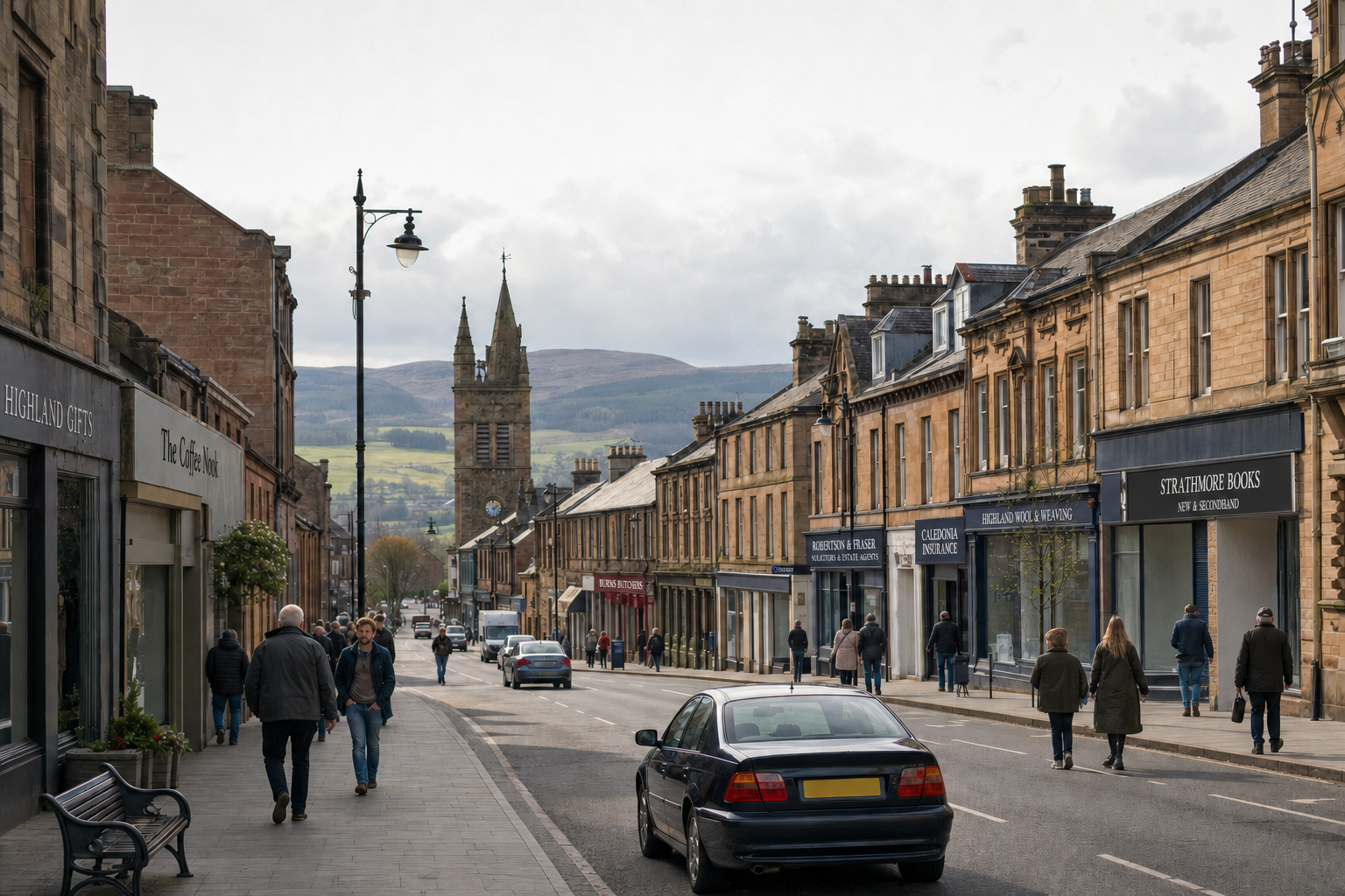 A bustling street in a historic town with shops, people walking, and a distant church against a backdrop of rolling hills.