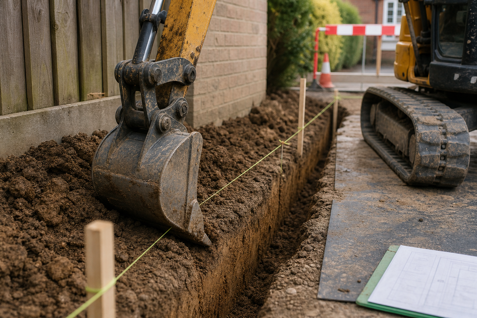 A digger excavating a trench next to a building, with a string line marking the path and construction barriers in the background.