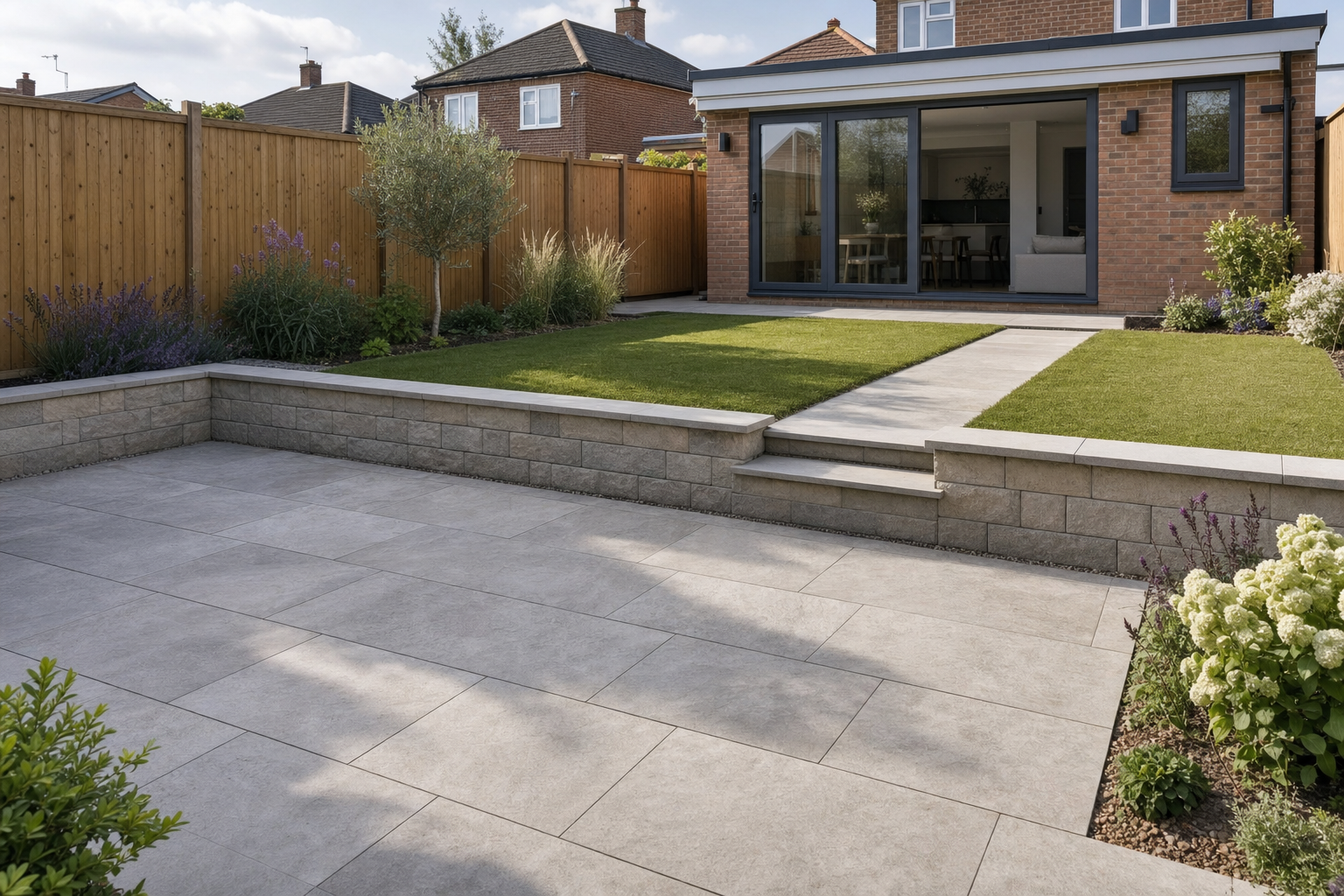 Modern garden with a stone patio, grassy lawn, and large sliding glass doors leading to a brick house.