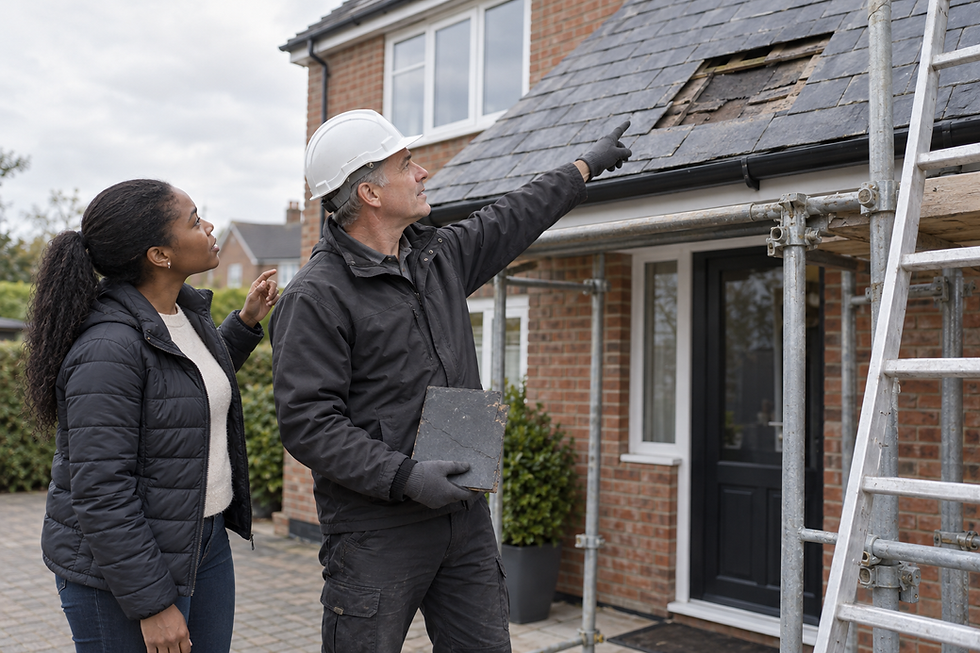 A builder and a woman discuss roof repairs on a brick house with scaffolding and a visible roof hole.