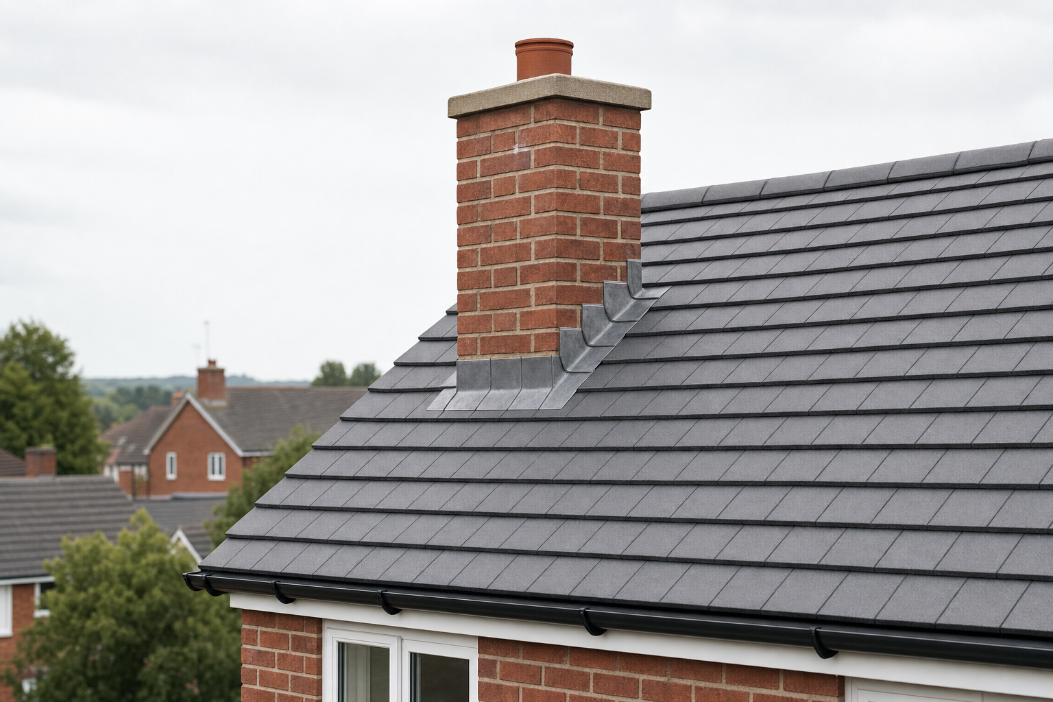 A brick chimney extends from a slate-tiled roof against a backdrop of houses and trees.