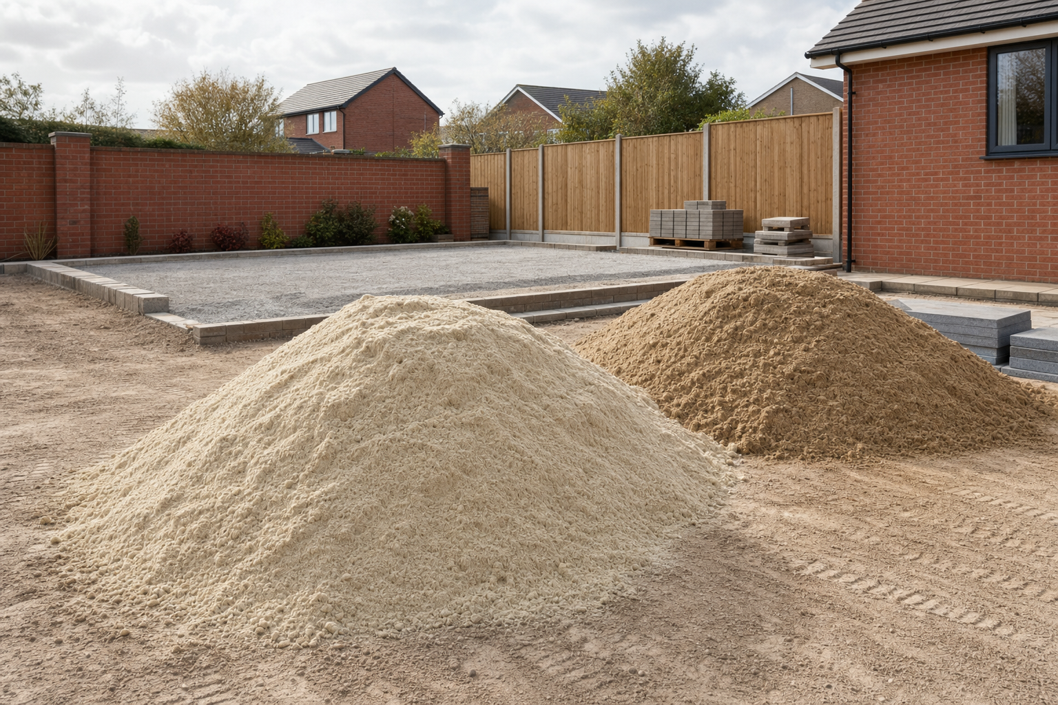 Two piles of sand in a residential backyard with bricks and a fence in the background.