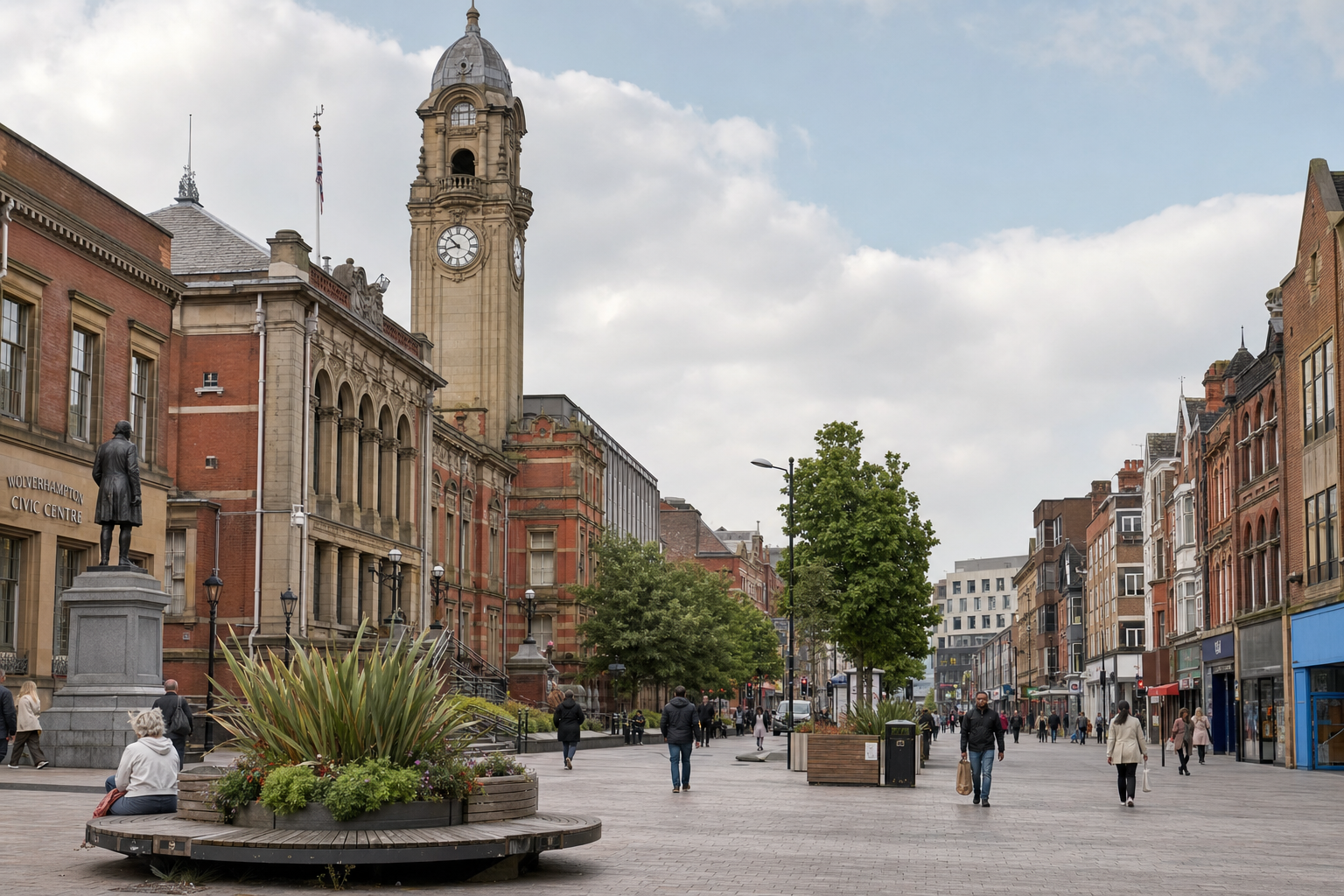 Wolverhampton Civic Centre with its clock tower overlooks a busy pedestrian street lined with historic buildings.
