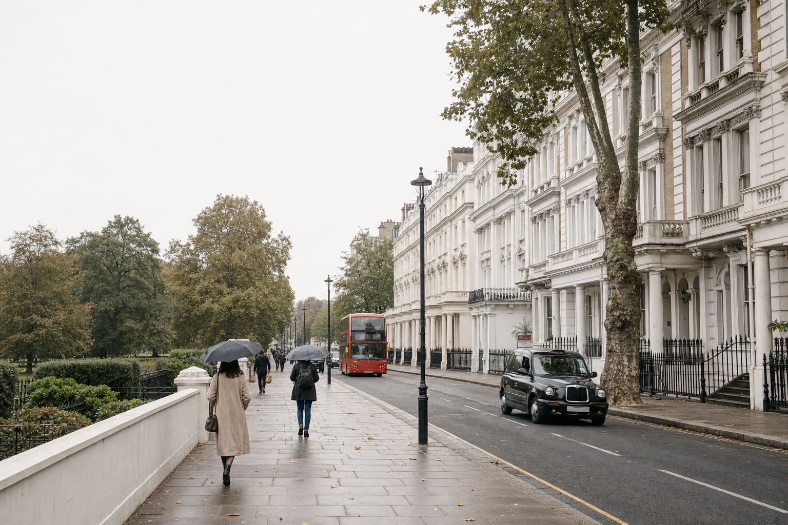 A rainy London street with pedestrians holding umbrellas, a red double-decker bus, and a black taxi passing by elegant white buildings.