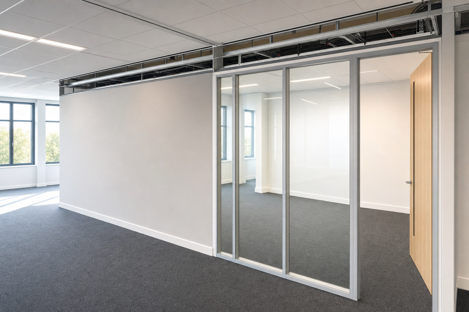 Bright modern office with glass partitions and open door, featuring grey carpet and large windows.