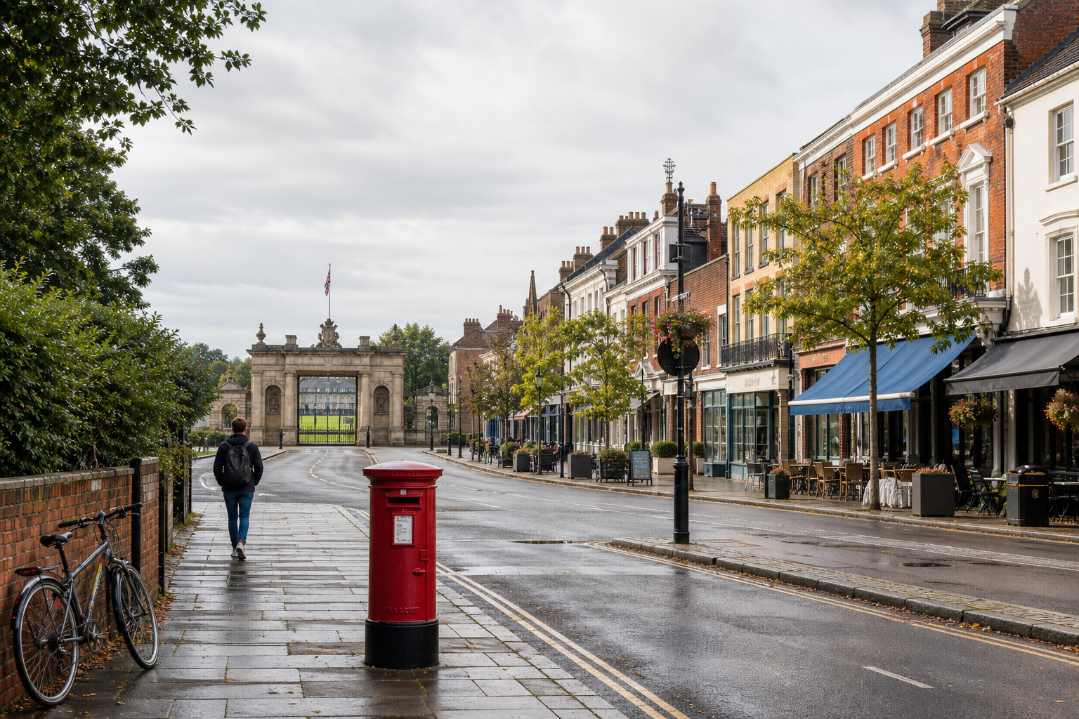 Person walking along a rainy street with historic buildings and a red mailbox.