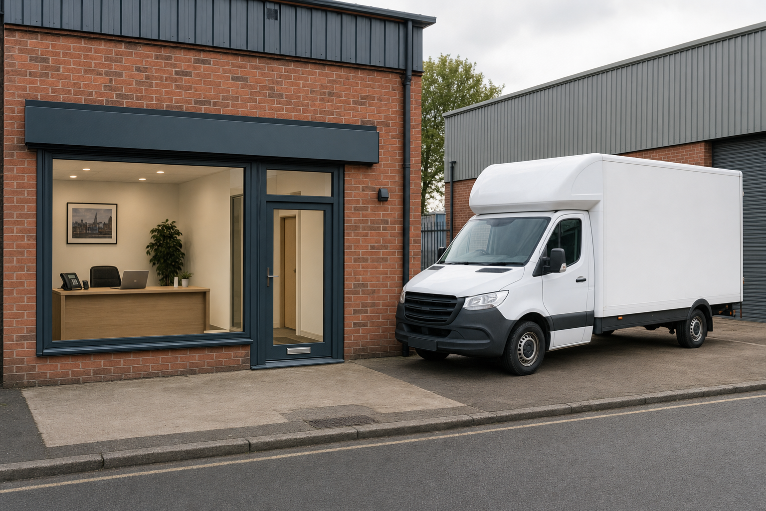 A white delivery van parked outside a modern brick office with large windows.