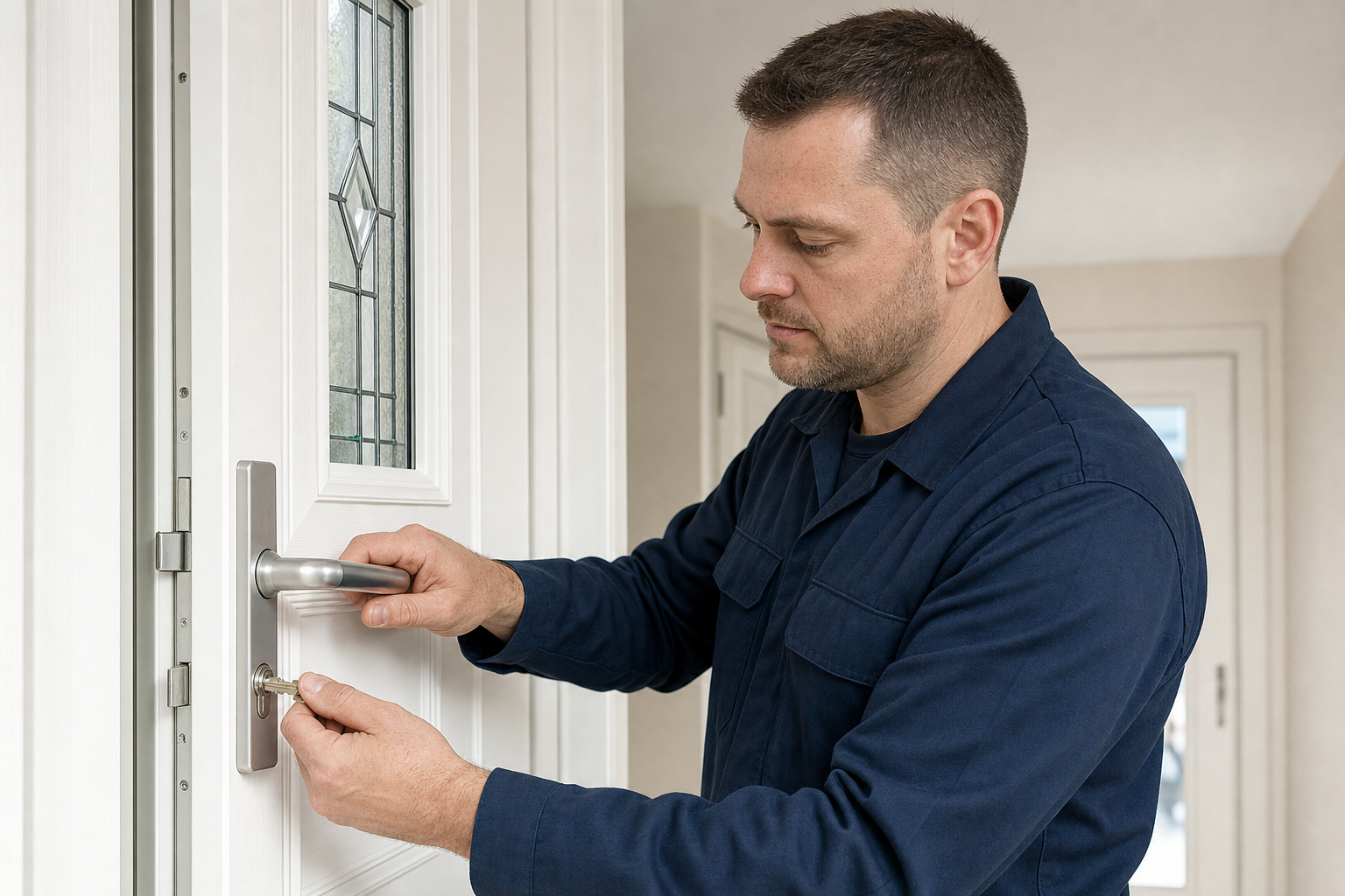 A locksmith in a blue uniform installs a lock on a white door indoors.