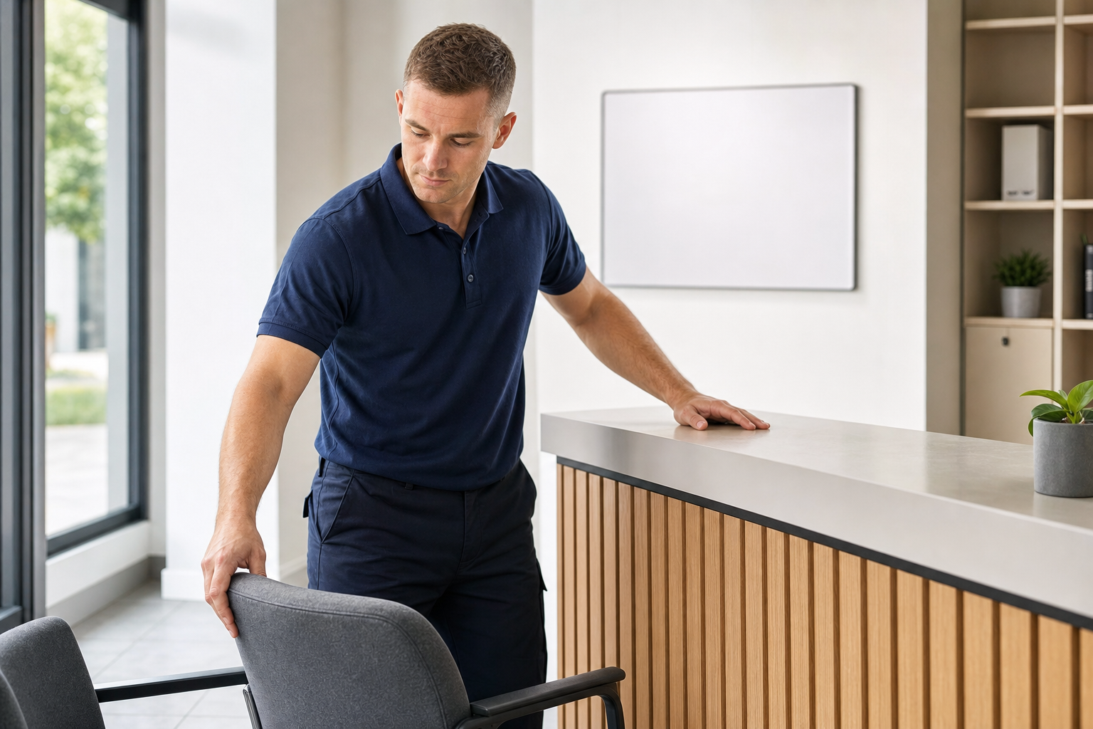 A man in a blue polo shirt adjusts a chair near a modern reception desk with a potted plant.