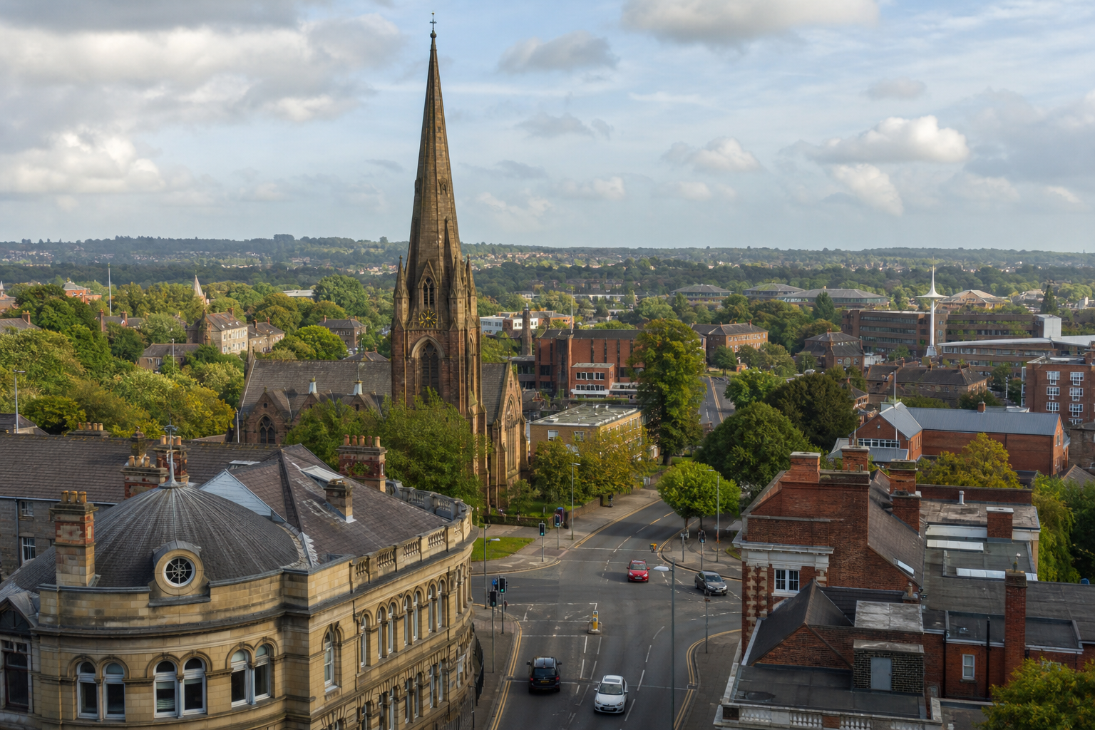 Aerial view of a cityscape with a prominent church tower and surrounding greenery under a partly cloudy sky.
