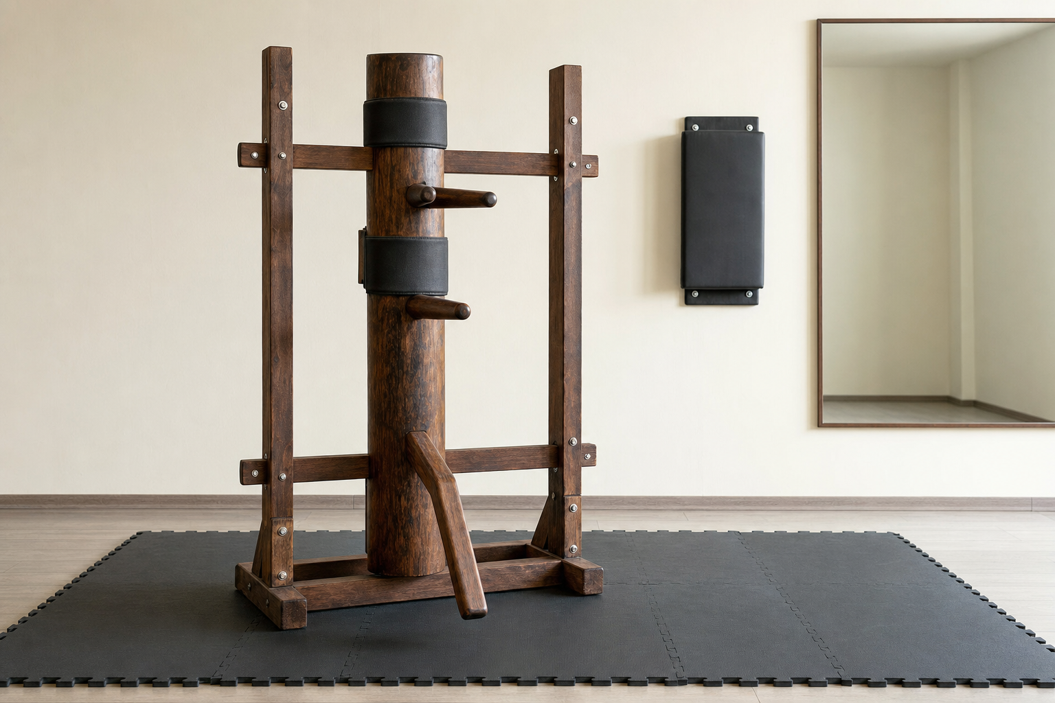 A wooden martial arts dummy on a padded floor mat in a training room with a mirror and padded wall piece.