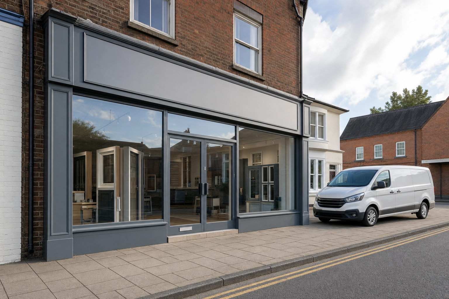 Storefront with large glass windows and a white van parked on the pavement outside.