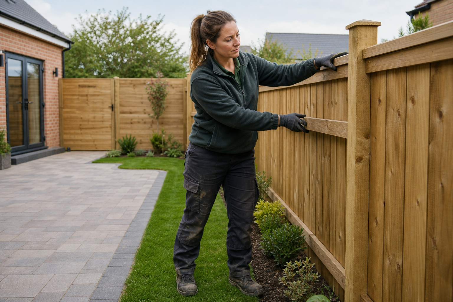 A woman checks the alignment of a newly installed garden fence next to a modern brick house.