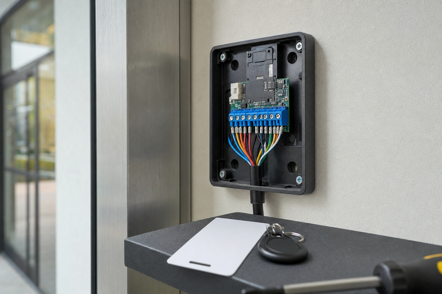 An electronic access control panel with colourful wires next to a key card and key fob.
