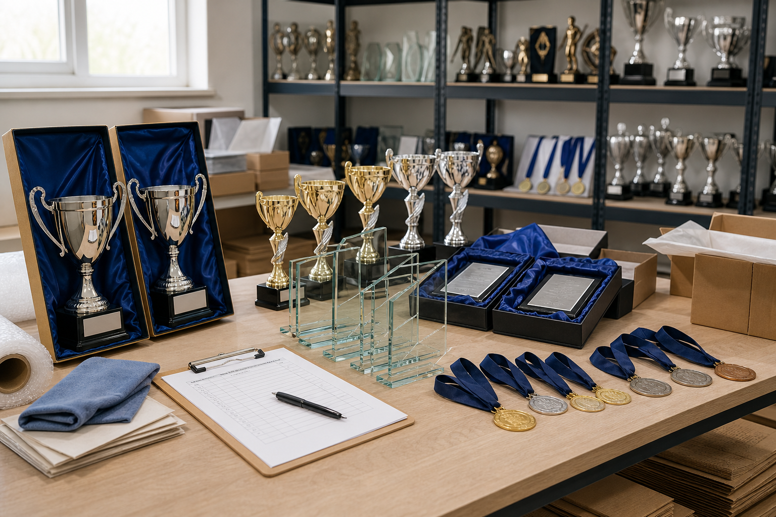 Trophies, plaques, and medals arranged on a table in a room with shelves full of awards.