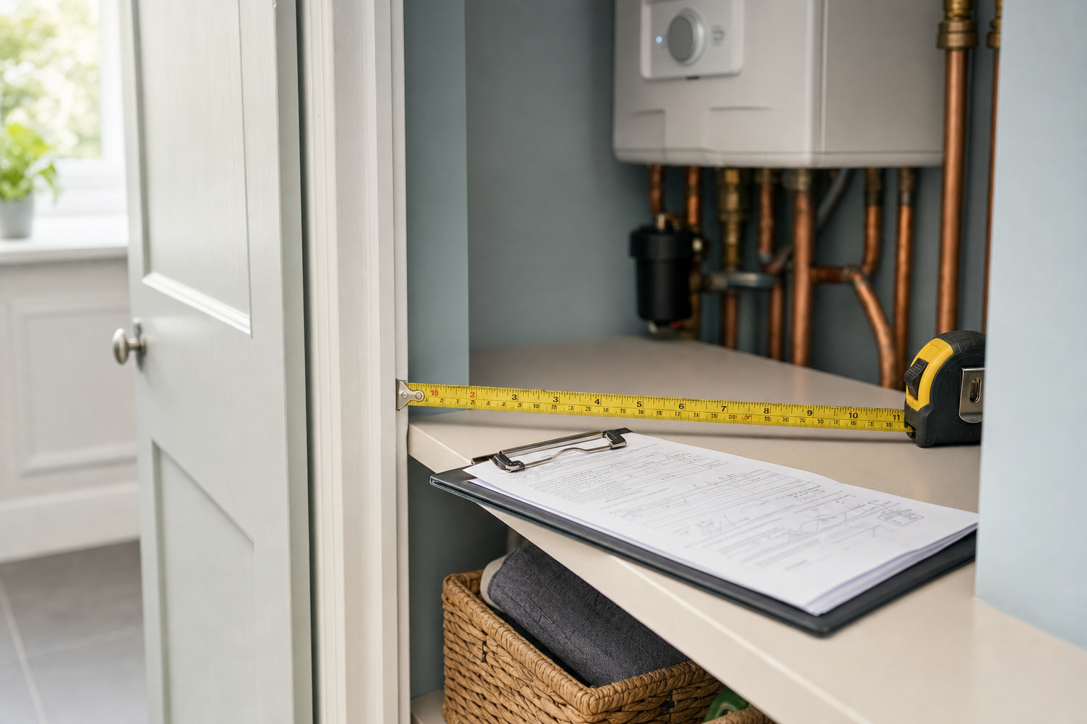 A tape measure extends across a shelf in a utility cupboard with a clipboard and boiler visible.