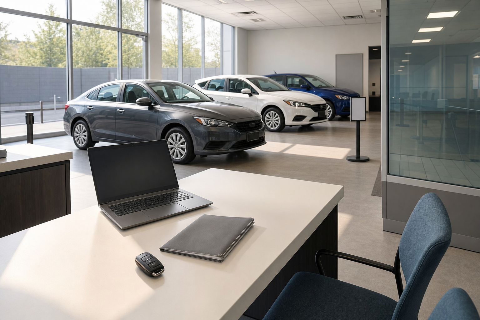 A car showroom interior with three cars displayed and a desk in the foreground featuring a laptop, notepad, and car keys.