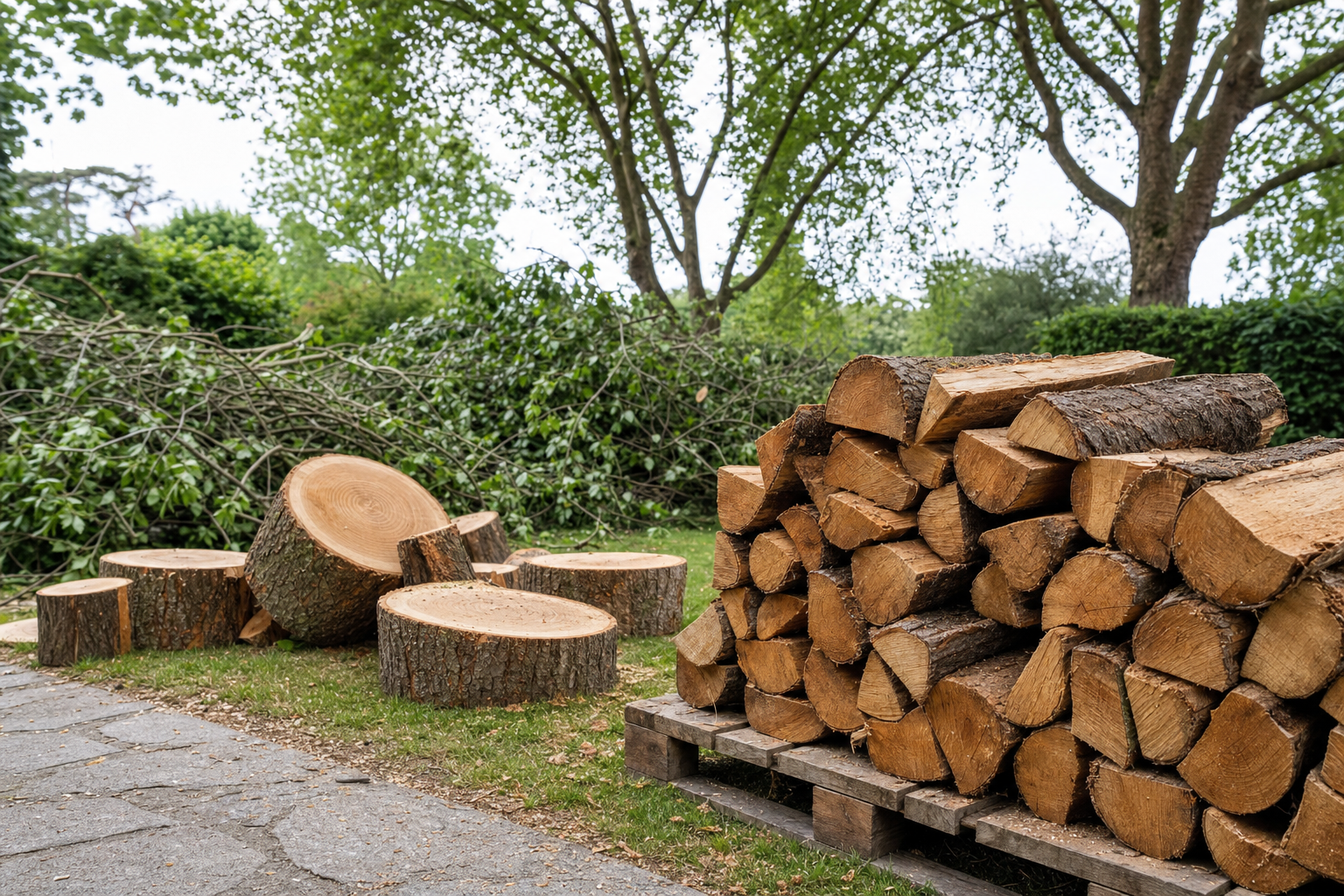 Logs and tree stumps neatly stacked on grass beside leafy branches in a garden setting.