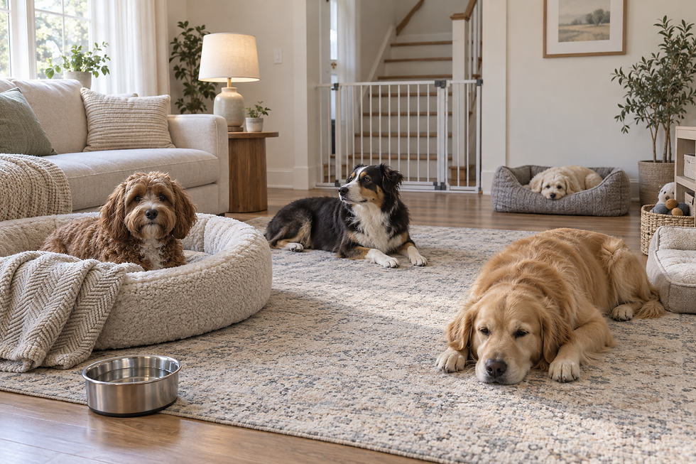 Four dogs relax in a cosy living room, each settled on plush rugs or beds, with soft lighting in the background.