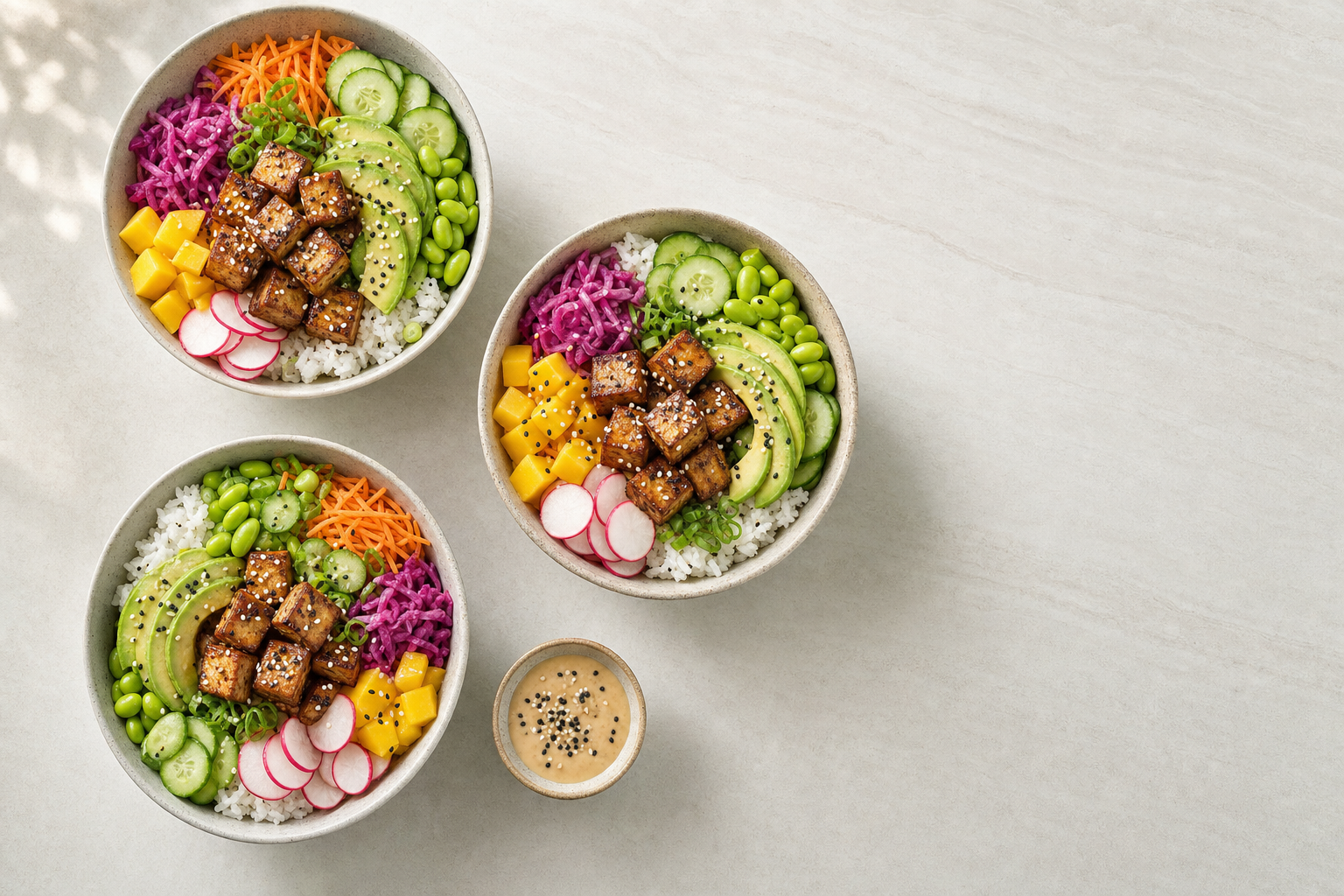 Three colourful poke bowls with tofu, avocado, and assorted vegetables, accompanied by a small bowl of sesame dressing.