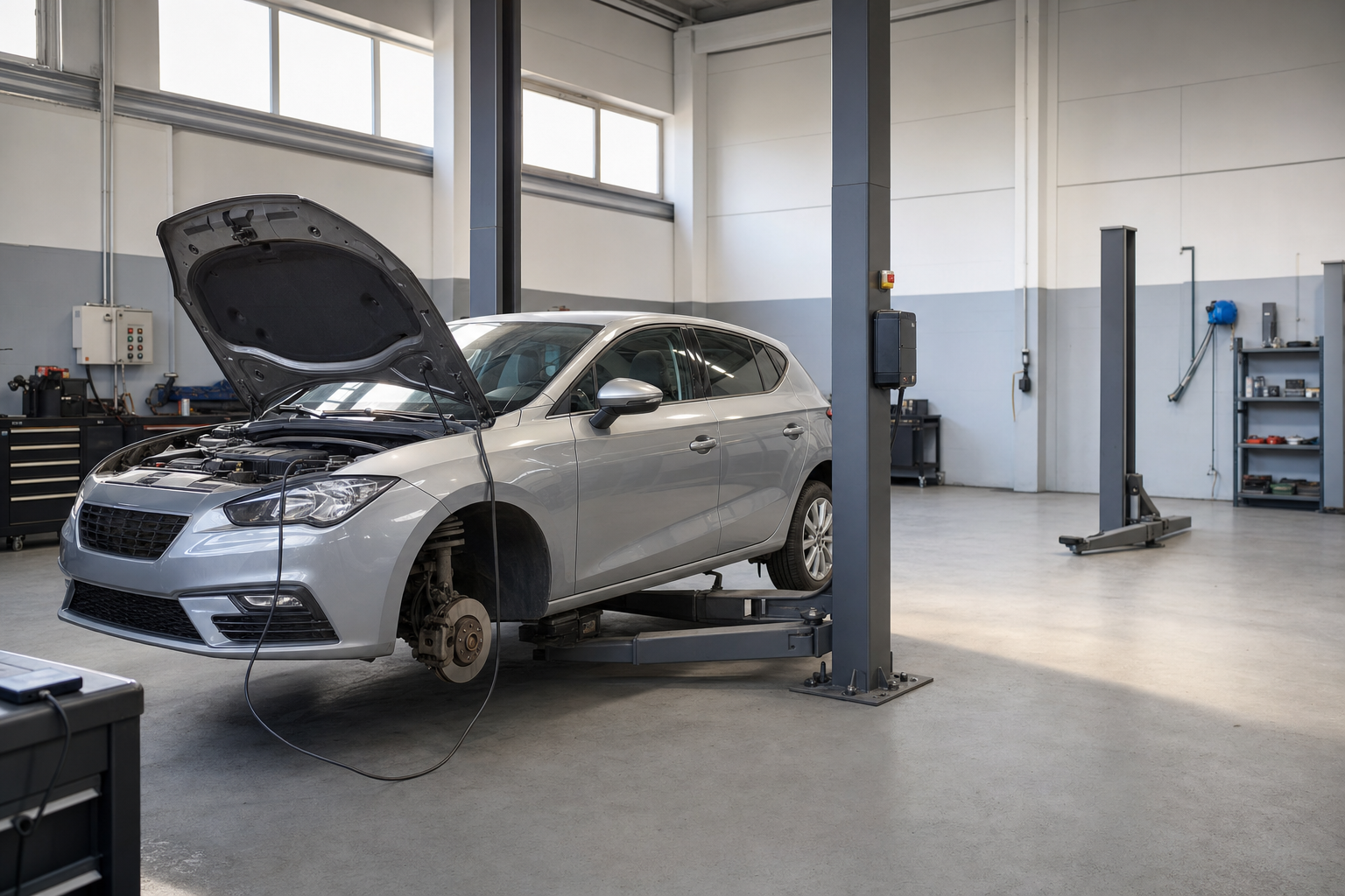 Silver car with an open bonnet on a hydraulic lift in a spacious garage workshop.